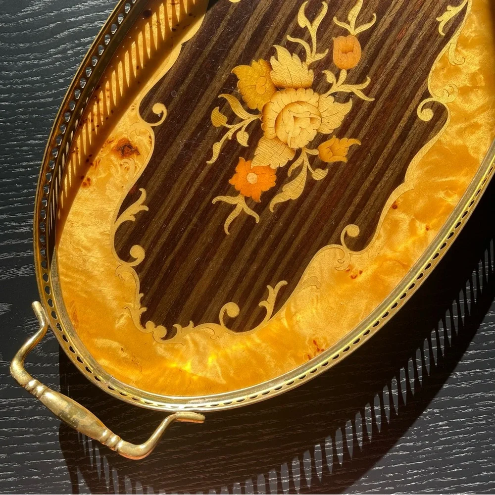 Monumental Italian Marquetry Inlay Serving Tray Oval from Jerusalem